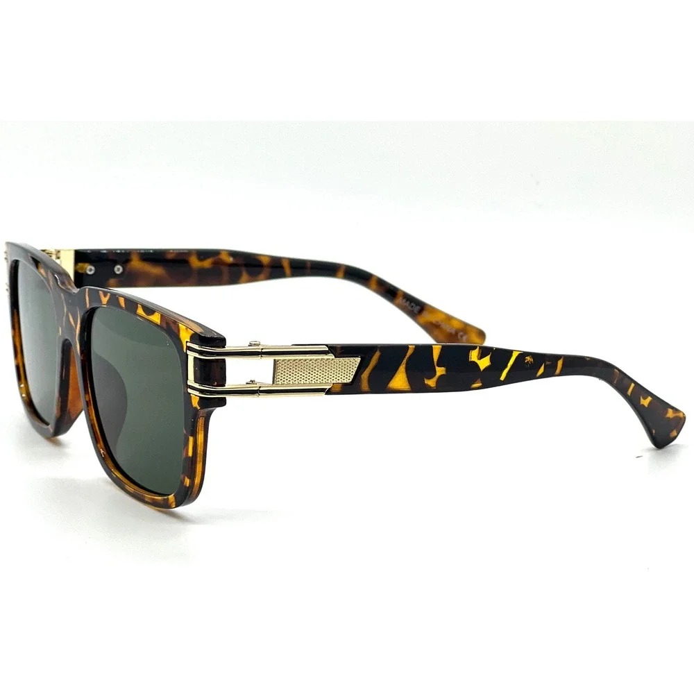 Mens Tortoise Square Sunglasses Gold Metal‎ Temple Dark Green Lens Retro Luxury